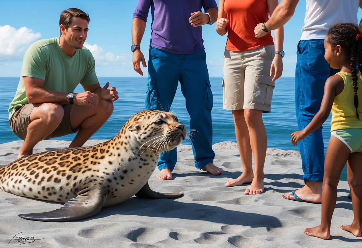 A leopard seal approaches a group of humans, displaying curiosity and playfulness