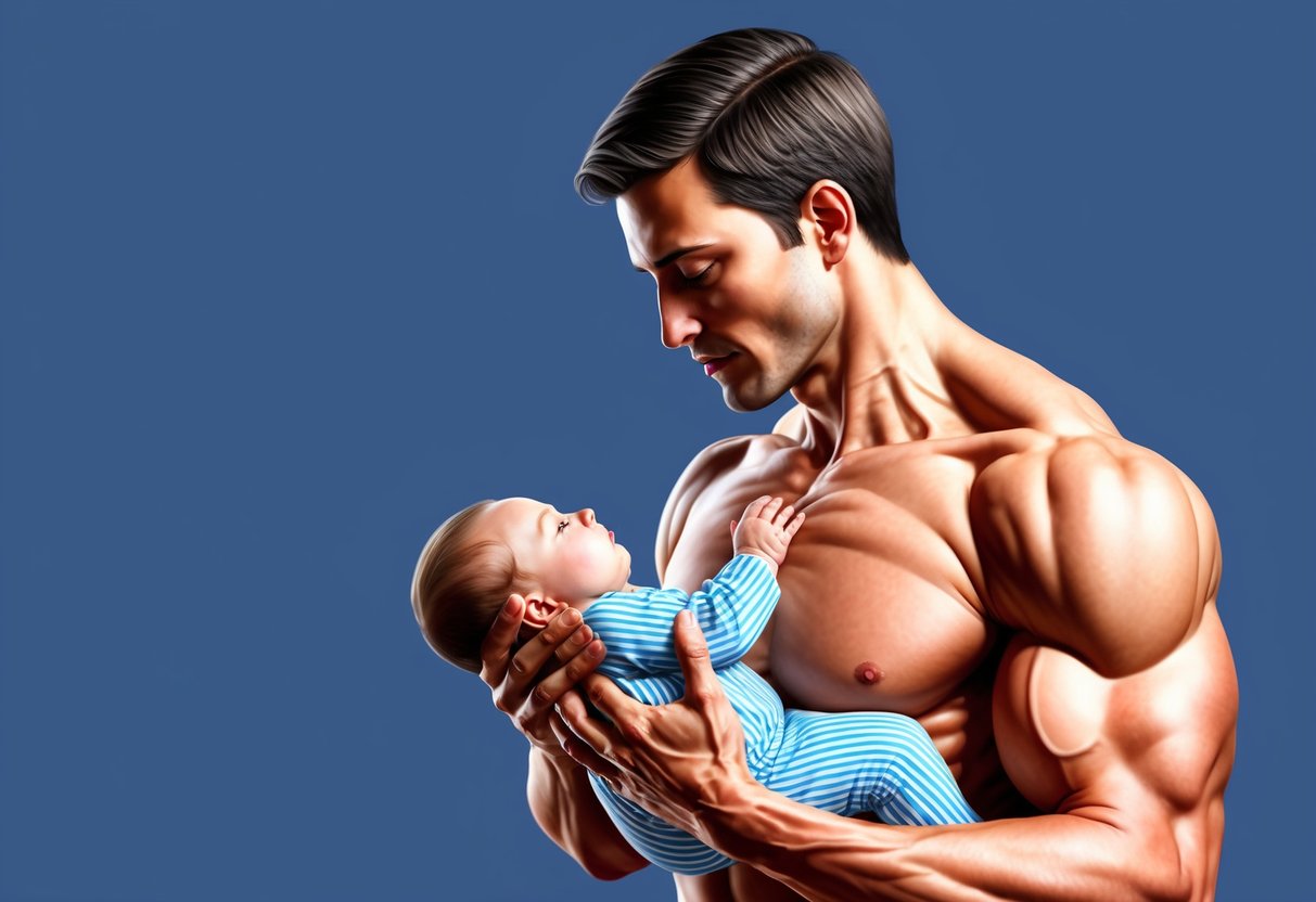 A person with a masculine physique nursing an infant