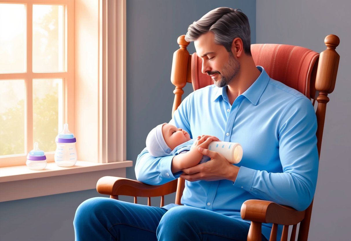 A father tenderly cradles a baby bottle while sitting in a cozy rocking chair by a softly lit window