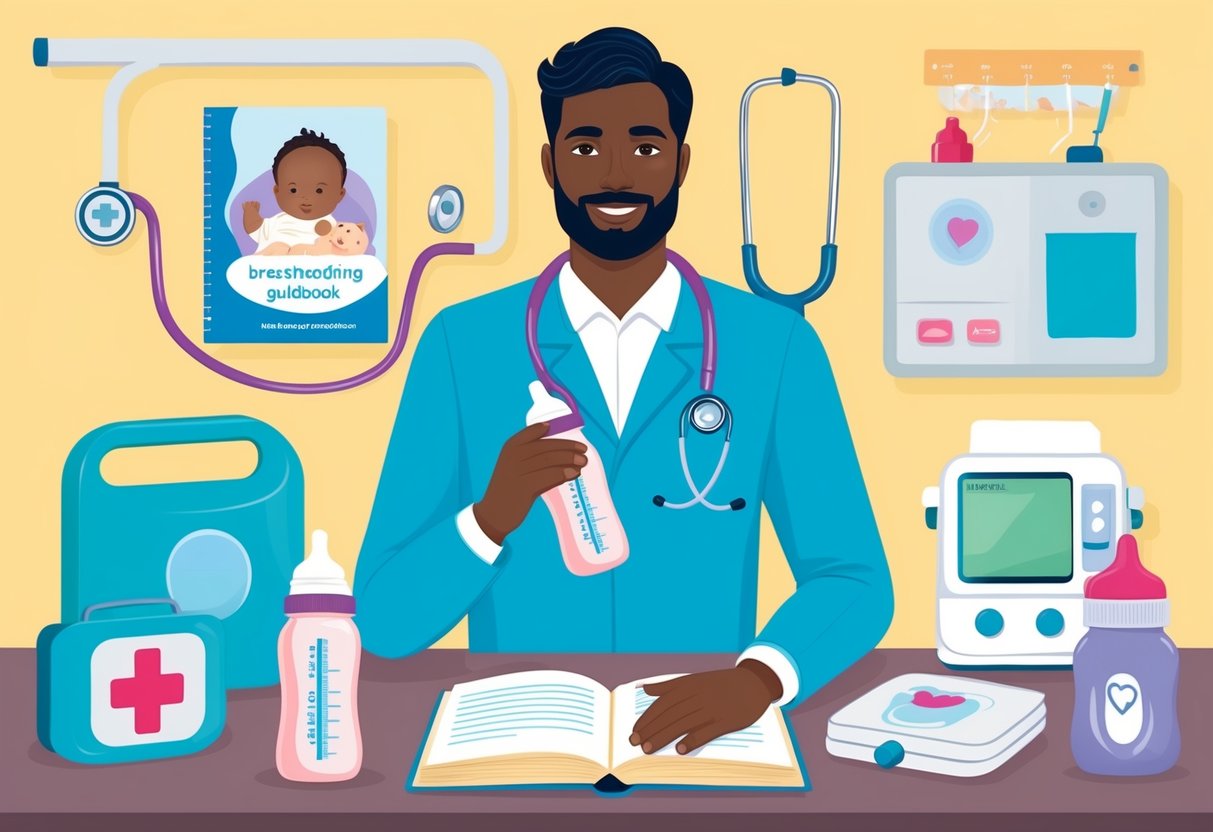 A male figure with a stethoscope and baby bottle, surrounded by medical equipment and a breastfeeding guidebook