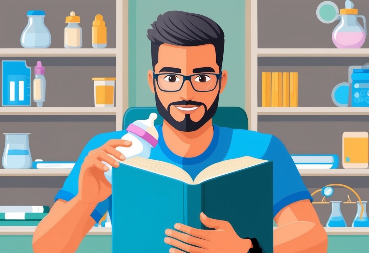 A man holding a baby bottle with milk while studying a pharmacology book