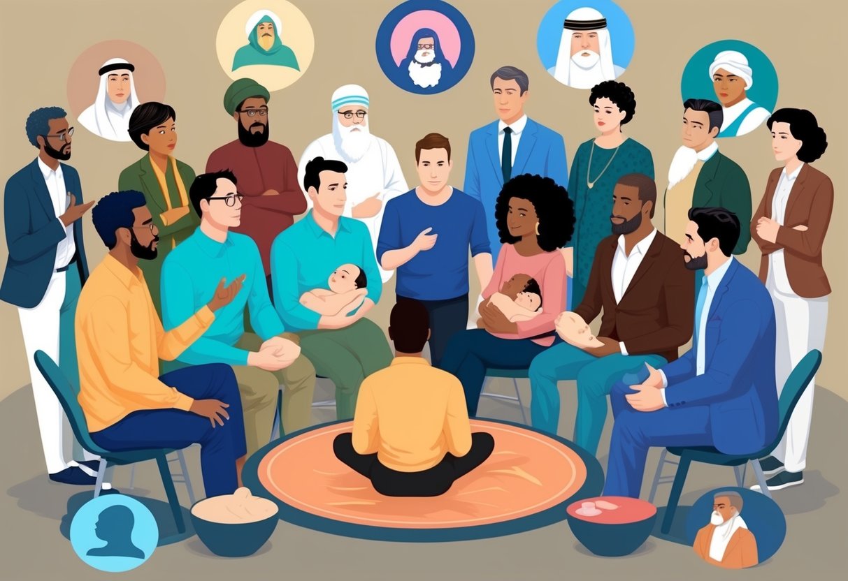 A group of diverse individuals discussing and debating the concept of men breastfeeding, while surrounded by symbolic representations of different cultural and ethical beliefs