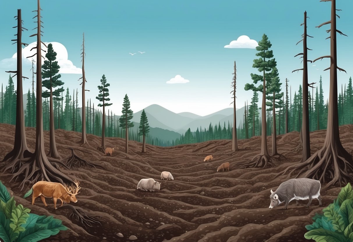 A barren, deforested landscape with depleted soil and dying wildlife due to the negative effects of veganism on the environment