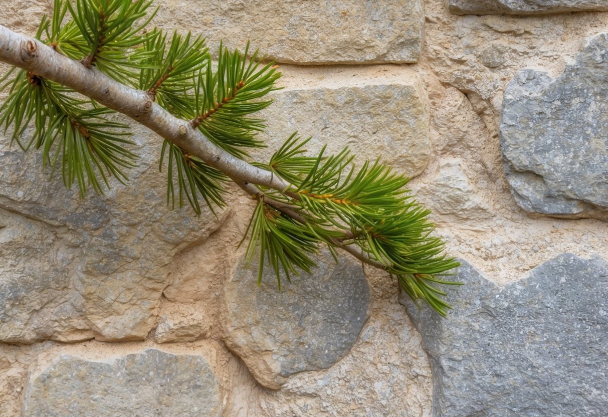 A tree branch brushing against a rough stone wall, leaving behind faint traces of its unique pattern