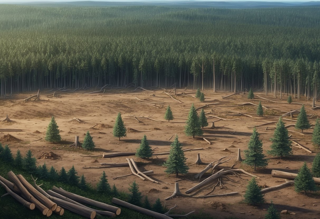 A vast expanse of cleared land, with felled trees and barren soil, surrounded by untouched forest