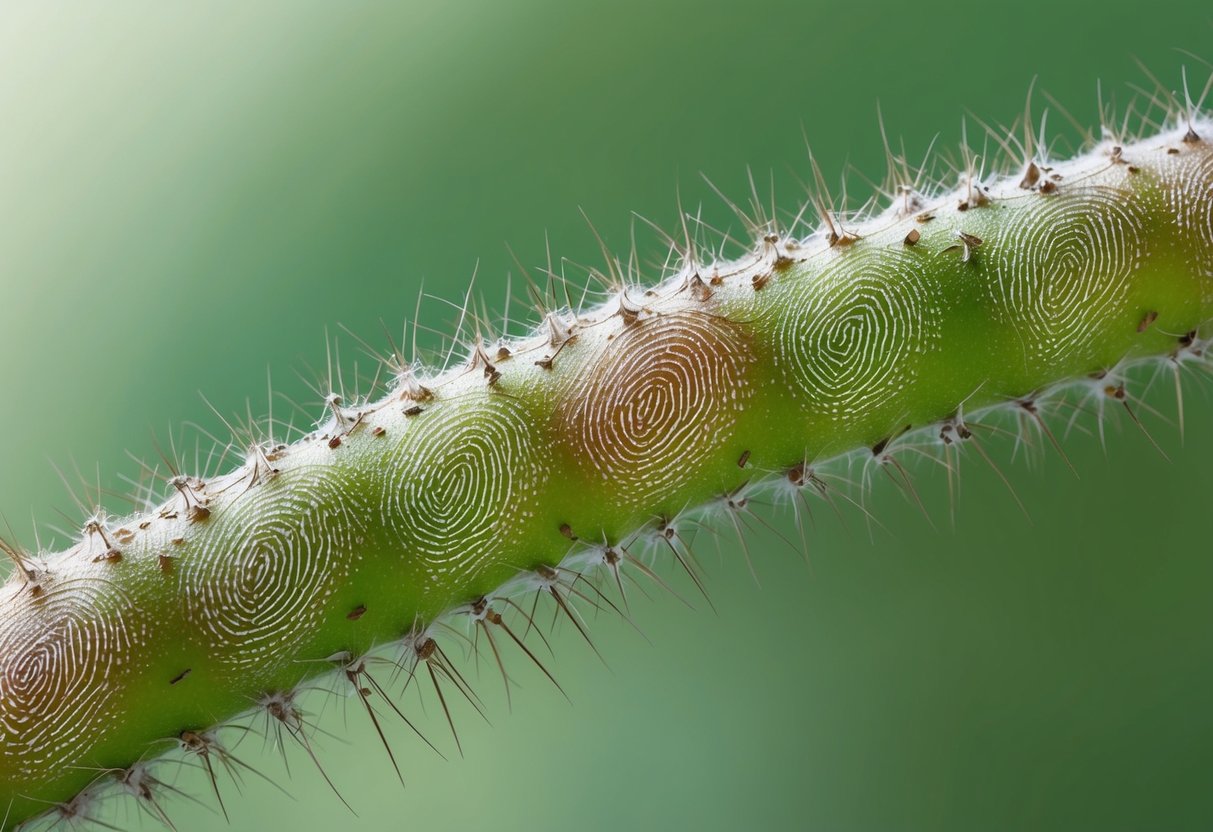 A close-up of a plant stem with tiny, intricate patterns resembling fingerprints emerging from the surface