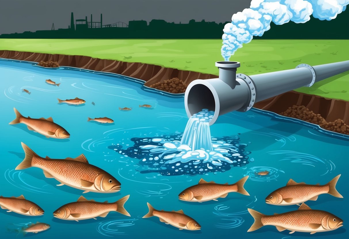 A factory pipe releasing toxic waste into a river, surrounded by dead fish and polluted water