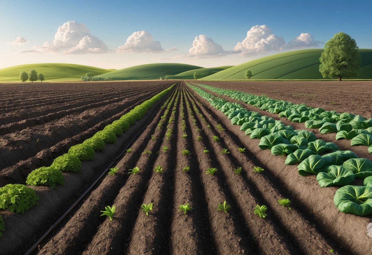 The once diverse ecosystem now barren, with empty fields and depleted soil due to monoculture for vegan food production