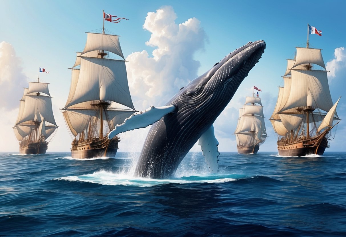 A majestic whale breaches the ocean's surface, surrounded by a fleet of sailing ships, their billowing sails catching the wind