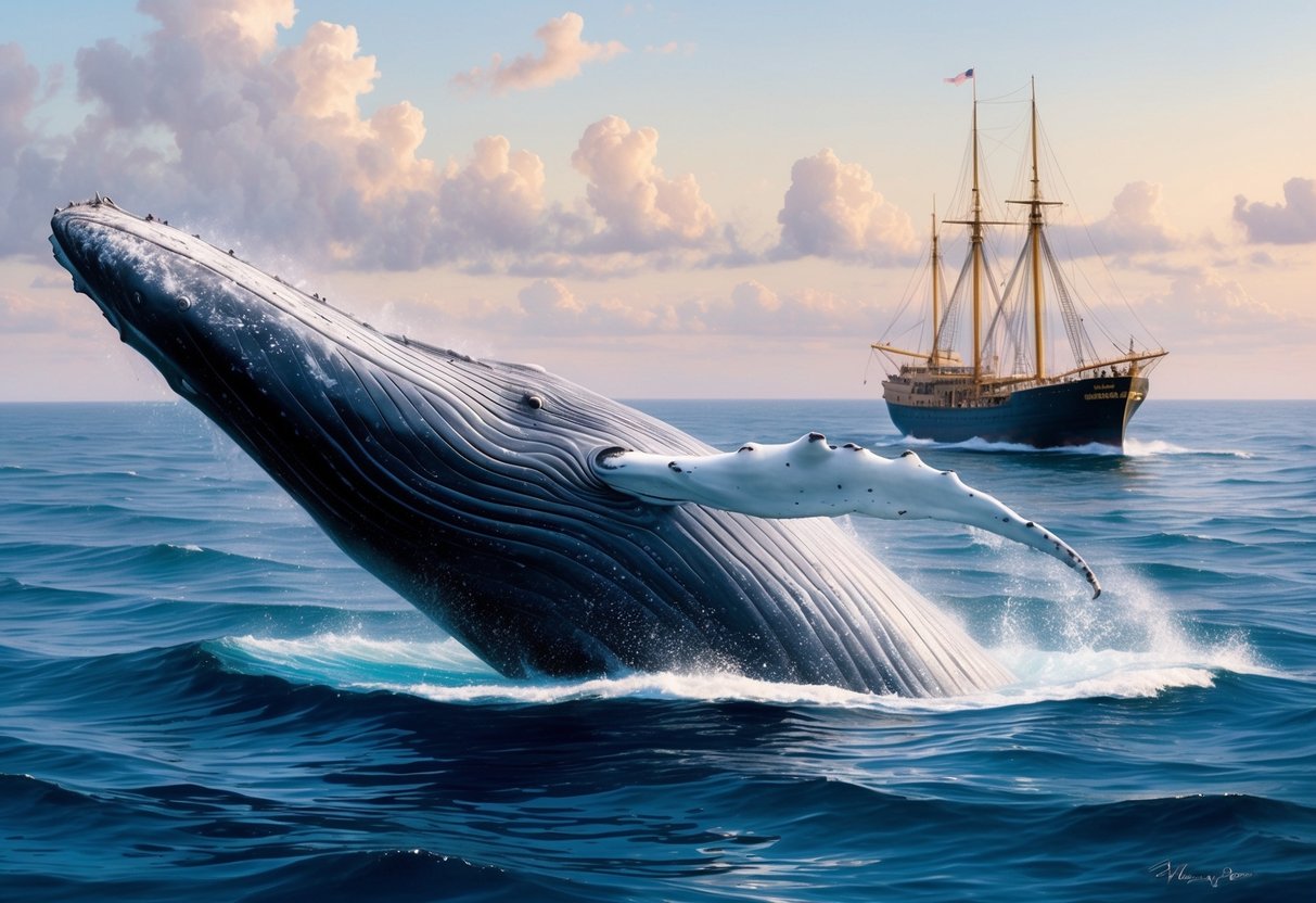 A majestic humpback whale breaches the surface, its massive body arched against the backdrop of a Nantucket whaling ship on the horizon