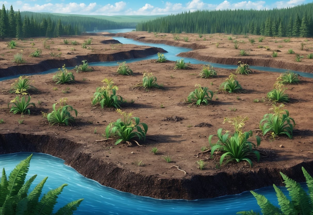 A barren landscape with depleted soil and wilting plants, surrounded by deforested areas and polluted water sources