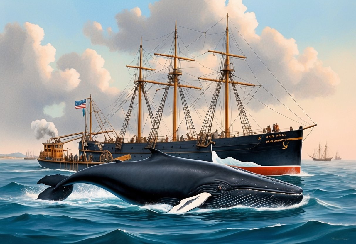 A Nantucket whaling ship uses harpoons and a tryworks to process a captured whale