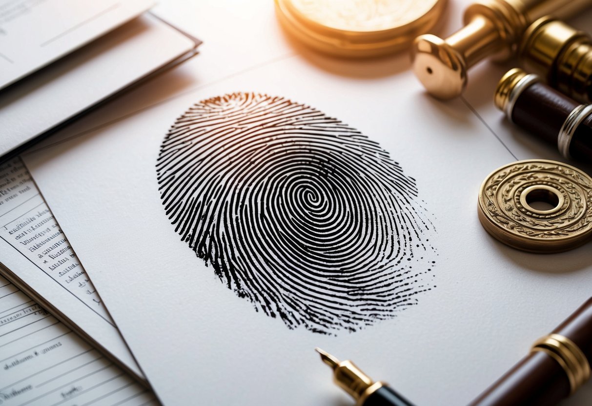 A close-up of a unique fingerprint pressed onto a surface, surrounded by legal documents and cultural artifacts