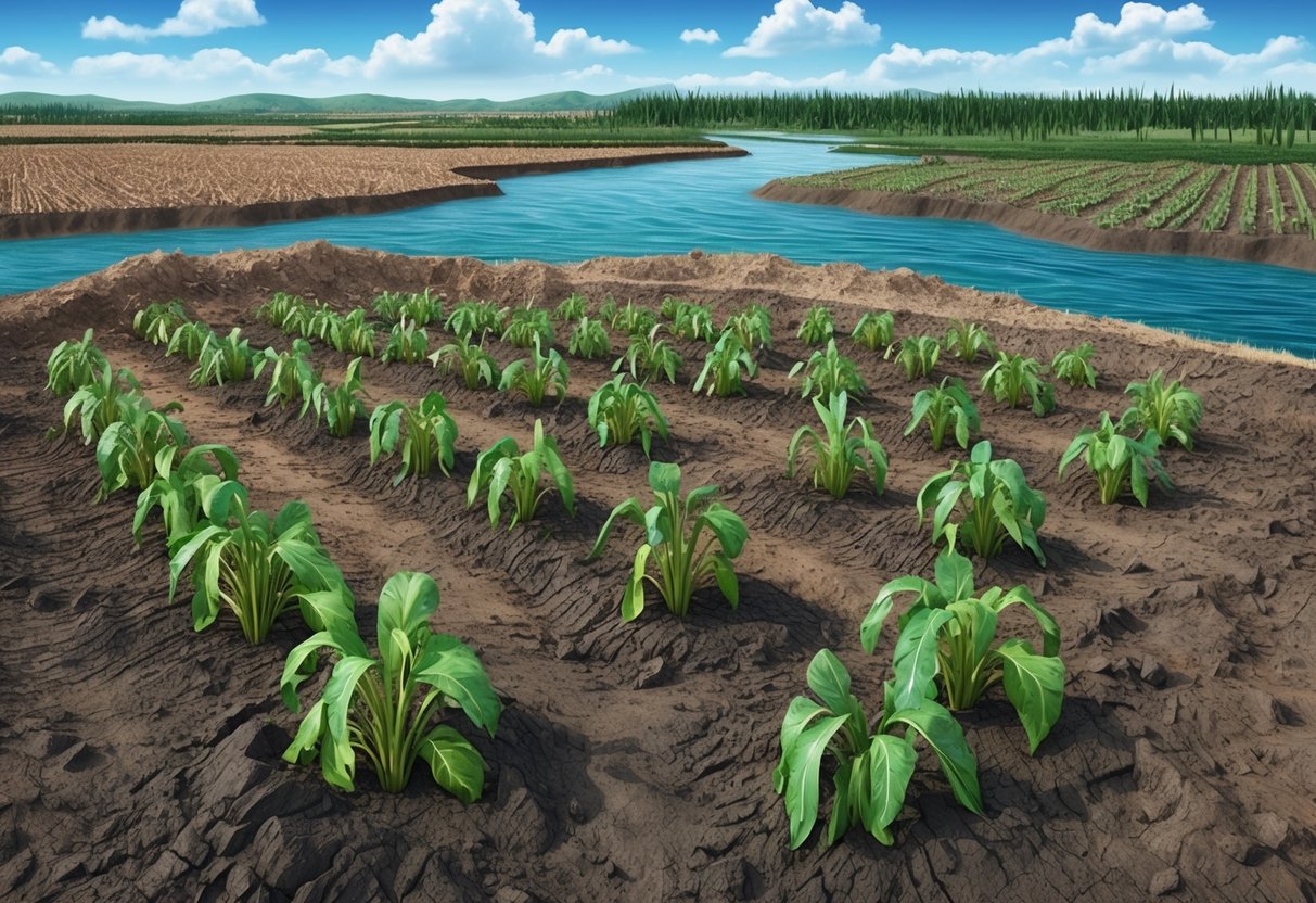 A barren field with eroded soil and wilted crops, surrounded by deforested land and polluted waterways