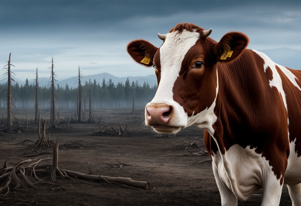 A sad, malnourished cow gazes at a barren, deforested landscape