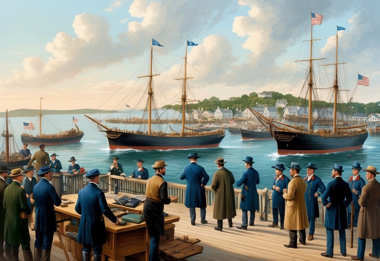 A bustling Nantucket harbor with whaling ships and crews preparing for departure, surrounded by influential figures overseeing the operations