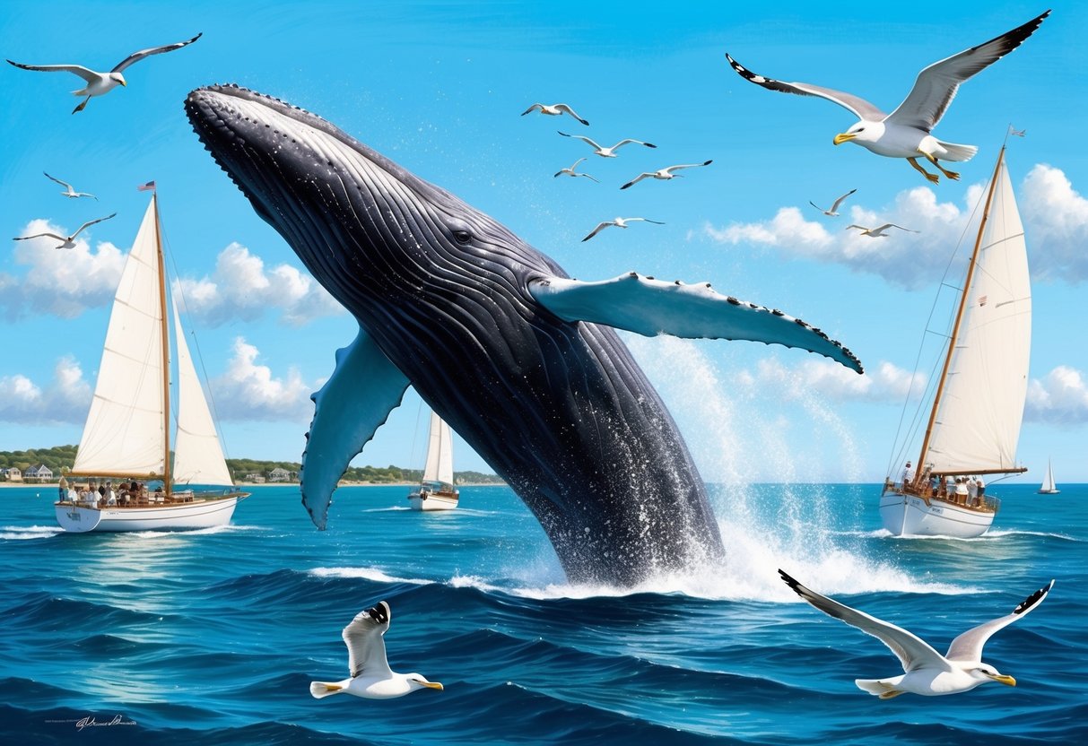 A majestic whale breaches the crystal blue waters off the coast of Nantucket, surrounded by sailboats and seagulls