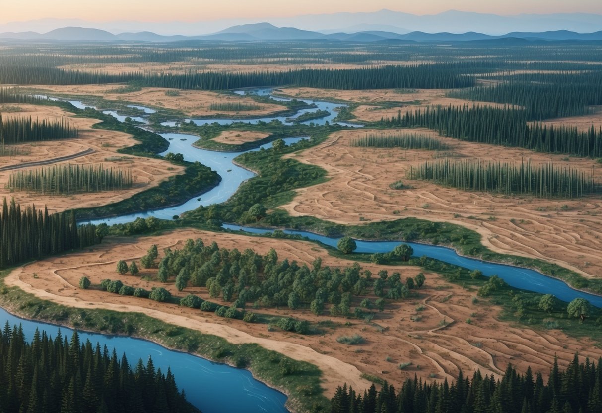 A barren landscape with deforested areas, polluted waterways, and depleted soil due to monoculture farming for vegan diets