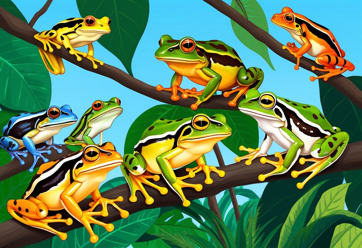 A vibrant jungle scene with various species of frogs perched on leaves and tree branches, showcasing the diversity of frog species