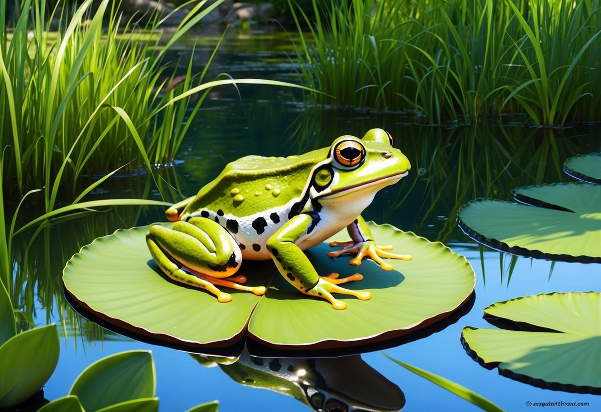 A frog perched on a lily pad, surrounded by tall grass and water lilies.</p><p>Sunlight filters through the trees, casting dappled shadows on the pond