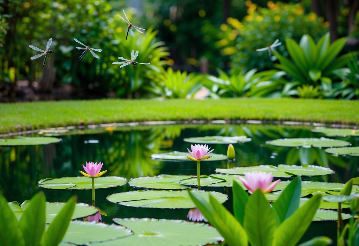 A tranquil pond surrounded by lush greenery, with water lilies floating on the surface and dragonflies flitting about