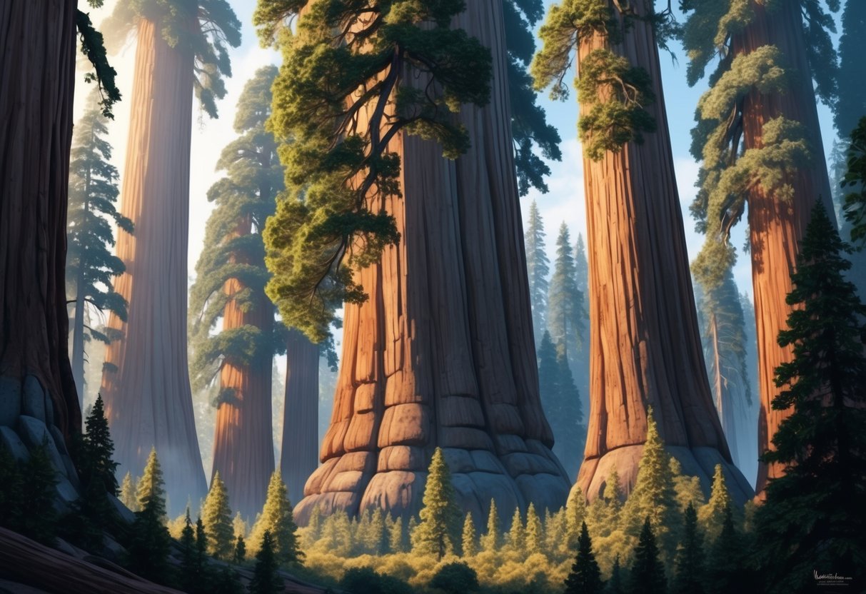 Majestic Giant Sequoias tower over the forest, their massive trunks reaching towards the sky.</p><p>Sunlight filters through the dense foliage, casting a warm glow on the ancient giants