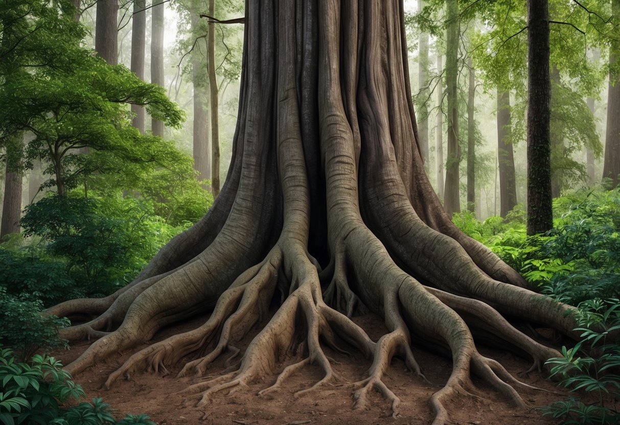 A towering, gnarled tree with thick, ancient roots nestled among a lush, untouched forest