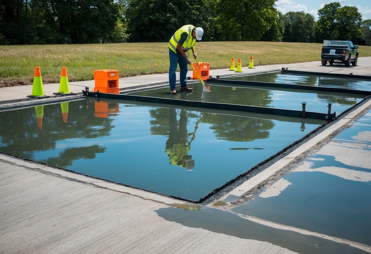 A ponding test being conducted on a concrete surface with water pooling in various areas to assess the drainage and surface quality