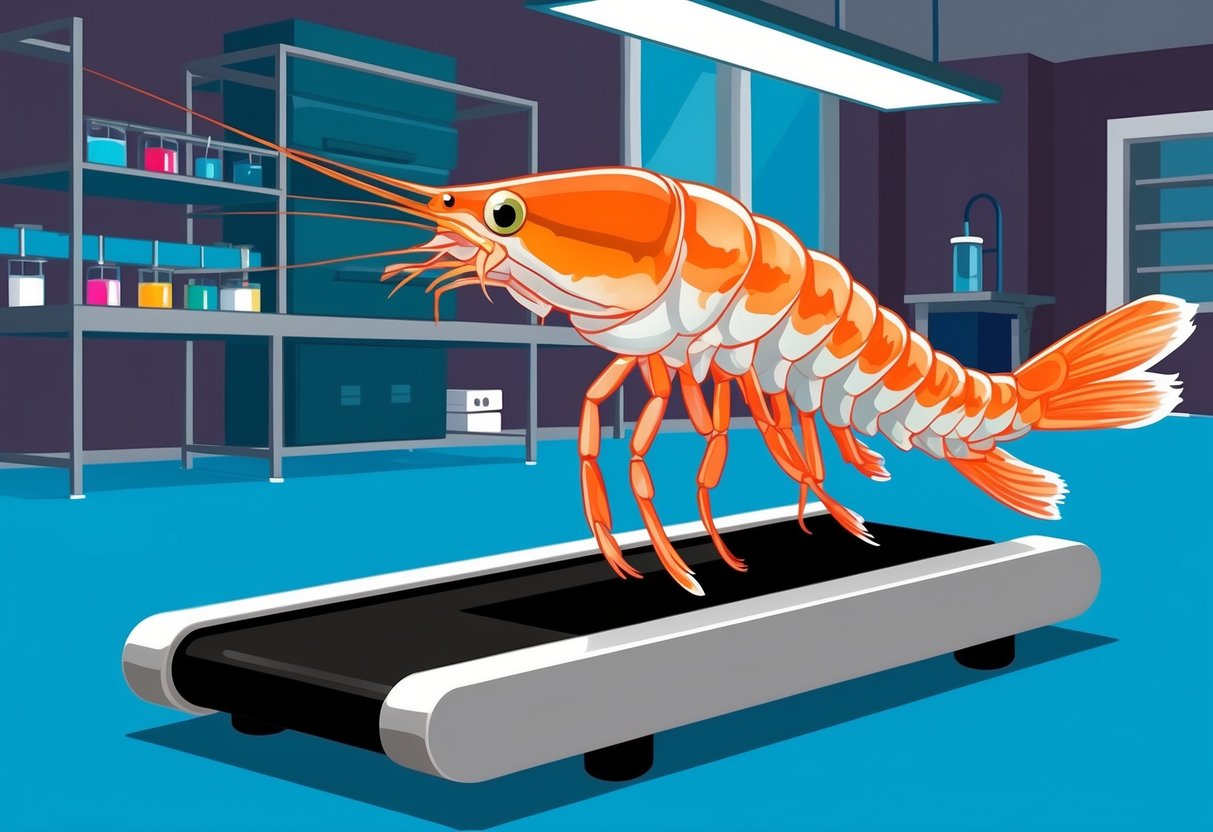 A shrimp running on a treadmill inside a laboratory setting