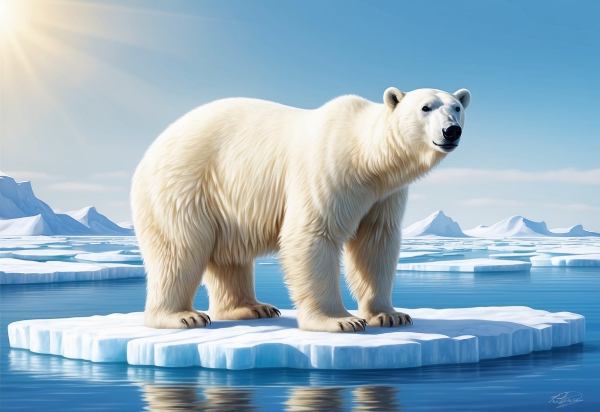 A polar bear standing on an ice floe, its thick white fur glistening in the sunlight as it surveys the frozen landscape