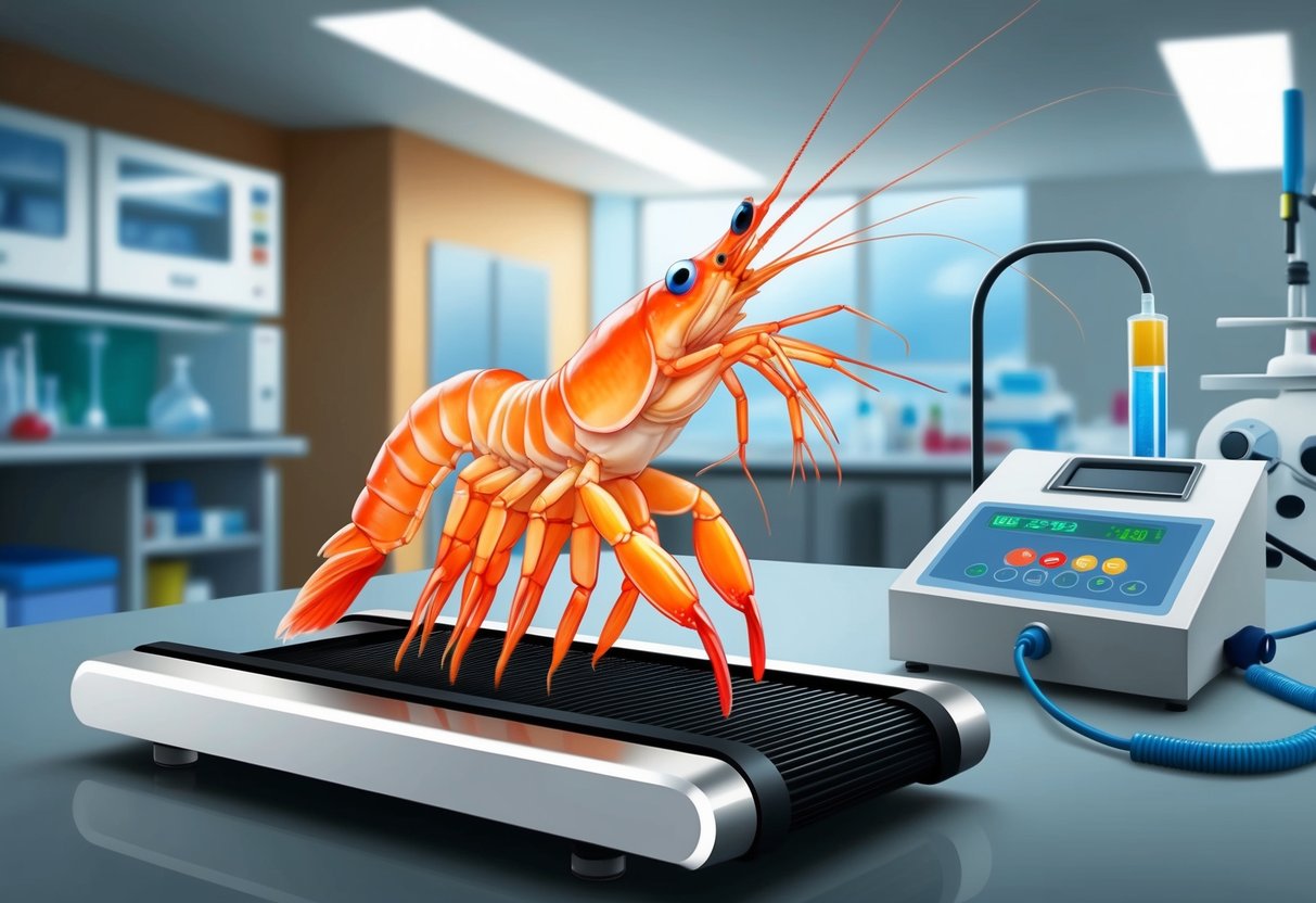 A shrimp running on a treadmill inside a laboratory with scientific equipment in the background