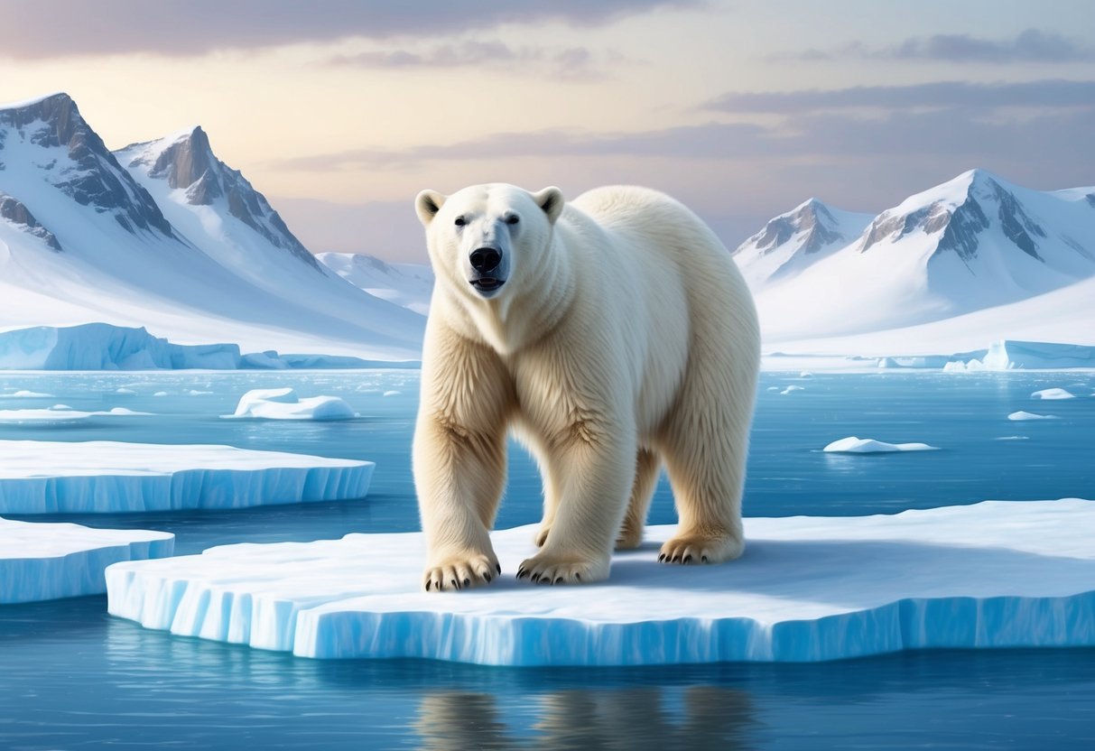 A polar bear stands on a vast expanse of ice, surrounded by snowy mountains and a frozen sea.</p><p>The bear's thick fur and powerful physique are well-suited to its icy habitat