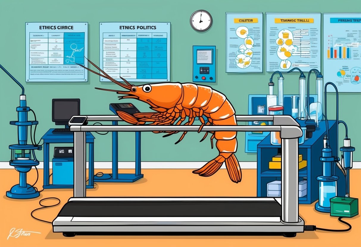 A shrimp runs on a treadmill in a laboratory, surrounded by scientific equipment and charts on ethics and politics in science