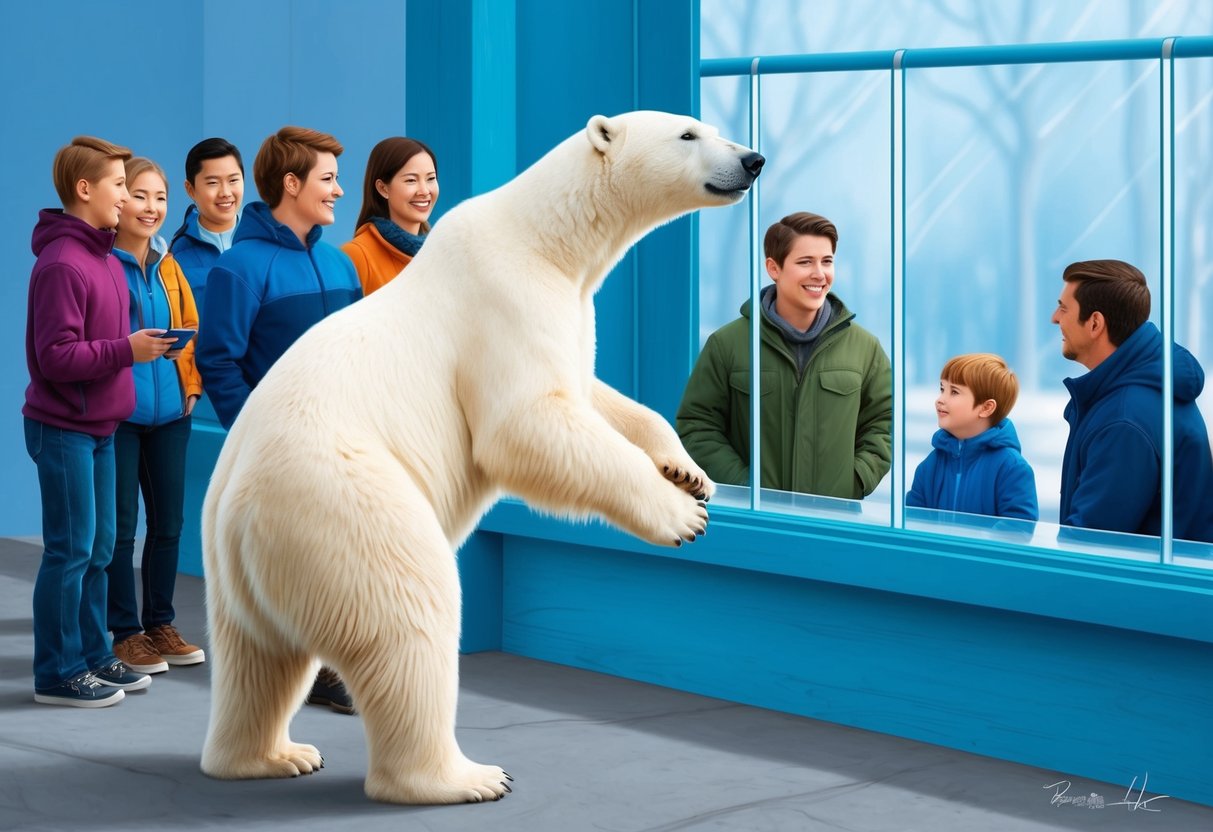 A polar bear stands on hind legs, interacting with a group of humans through a glass barrier at a zoo