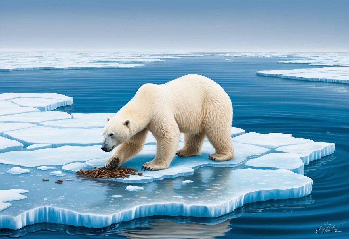 A polar bear struggles to find food on a melting ice floe, surrounded by a vast expanse of open water