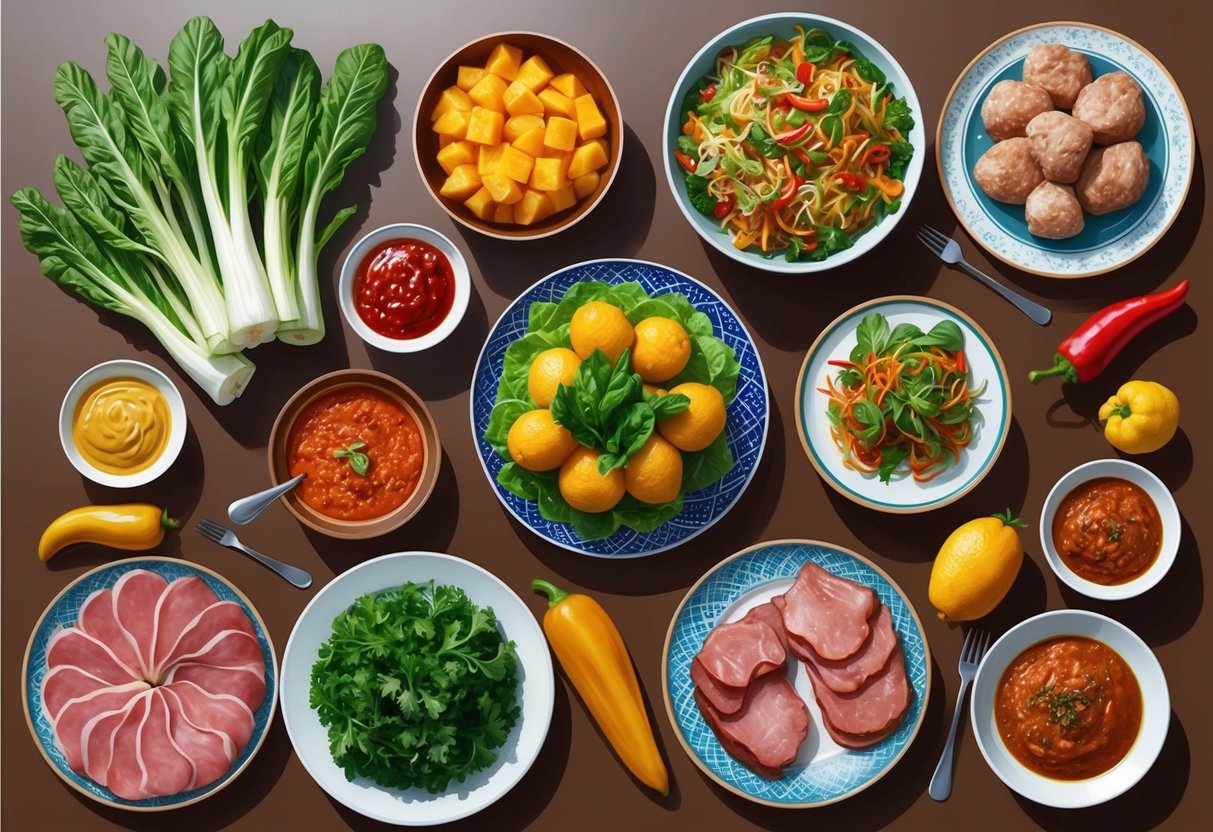 A table with a variety of foods: bitter vegetables, sweet fruits, spicy sauces, and savory meats