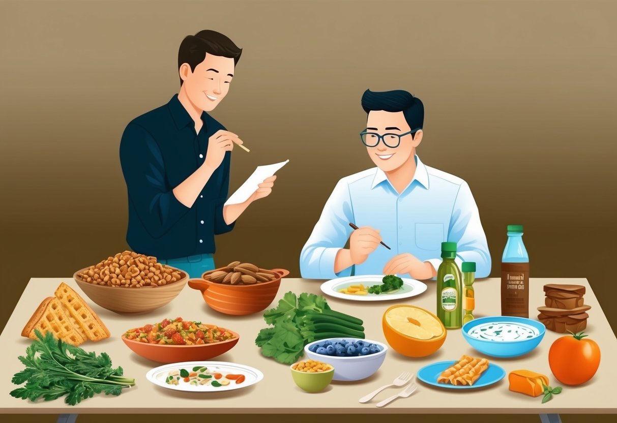 A group of diverse food items arranged on a table, with a person conducting a taste test and taking notes