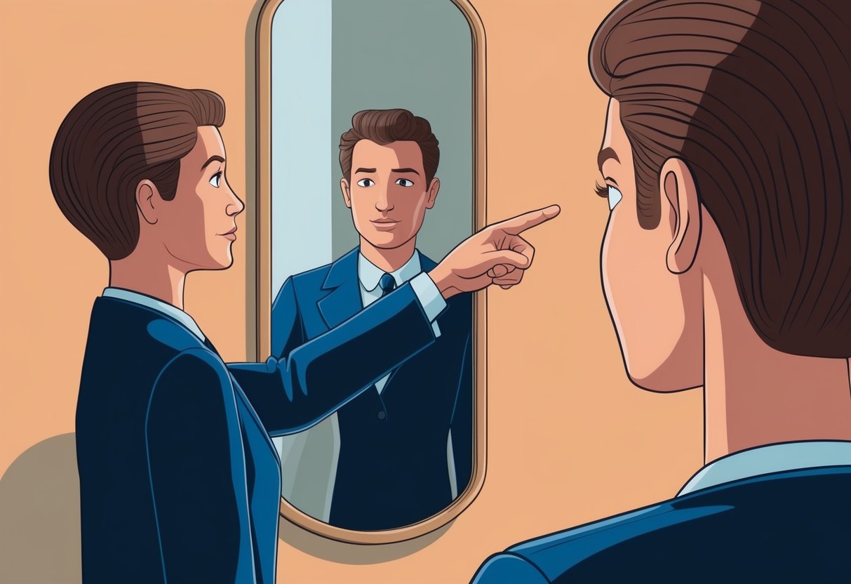 A figure standing in front of a mirror, pointing at their reflection with a critical expression