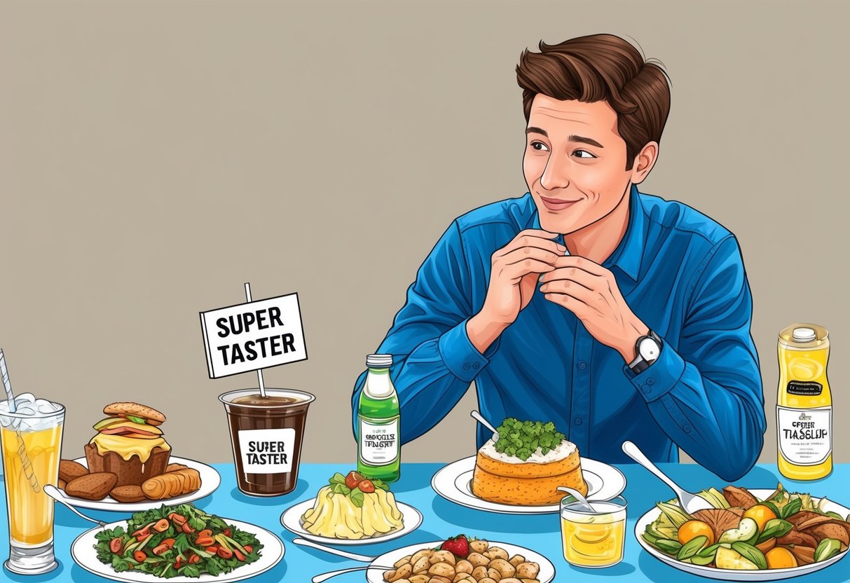 A table filled with various foods and drinks, with one item labeled as "super taster" and a person sampling each item with a thoughtful expression