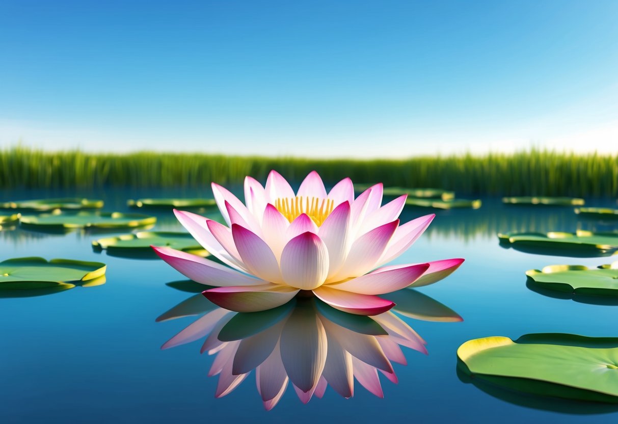 A serene lotus flower floating on a calm pond, surrounded by vibrant green lily pads and reflecting the clear blue sky above