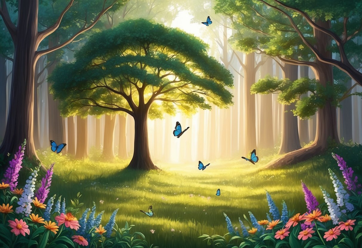 A serene forest clearing with a lone tree, bathed in warm sunlight, surrounded by vibrant flowers and butterflies fluttering around