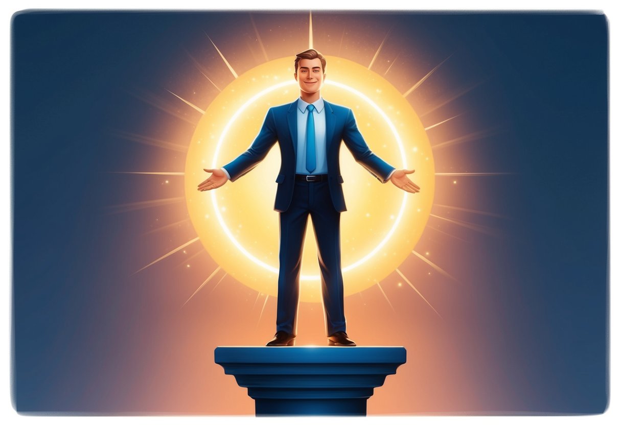 A figure standing on a pedestal, surrounded by glowing light, with a self-satisfied expression