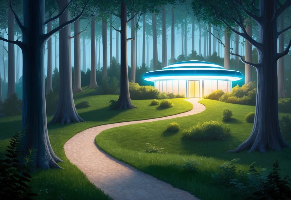 A serene forest with a winding path leading to a glowing, futuristic research facility nestled among the trees