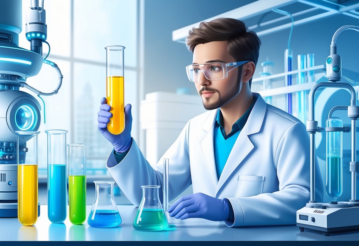 A scientist in a lab coat examines a series of test tubes and beakers filled with colorful liquids, surrounded by advanced laboratory equipment and futuristic technology