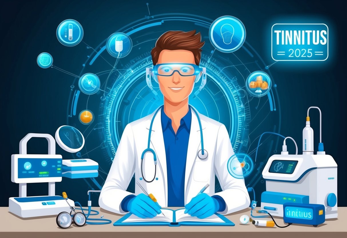 A scientist surrounded by futuristic medical equipment and technology, working on innovative devices to cure tinnitus by 2025