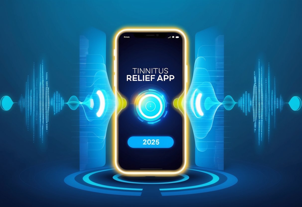 A futuristic, glowing smartphone displaying a tinnitus relief app, surrounded by digital waves and sound waves, symbolizing the potential for a cure in 2025