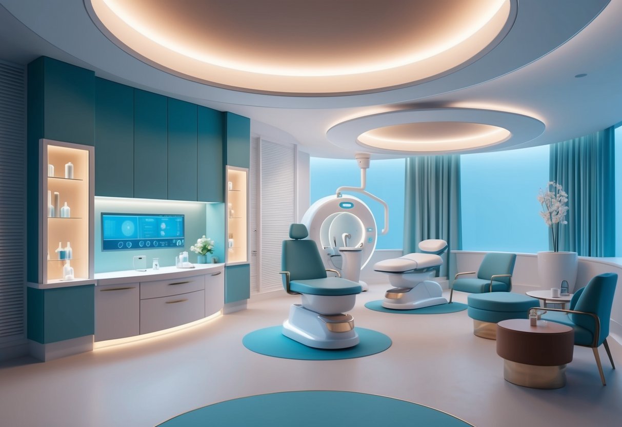 A serene, futuristic clinic with advanced technology and soothing ambiance