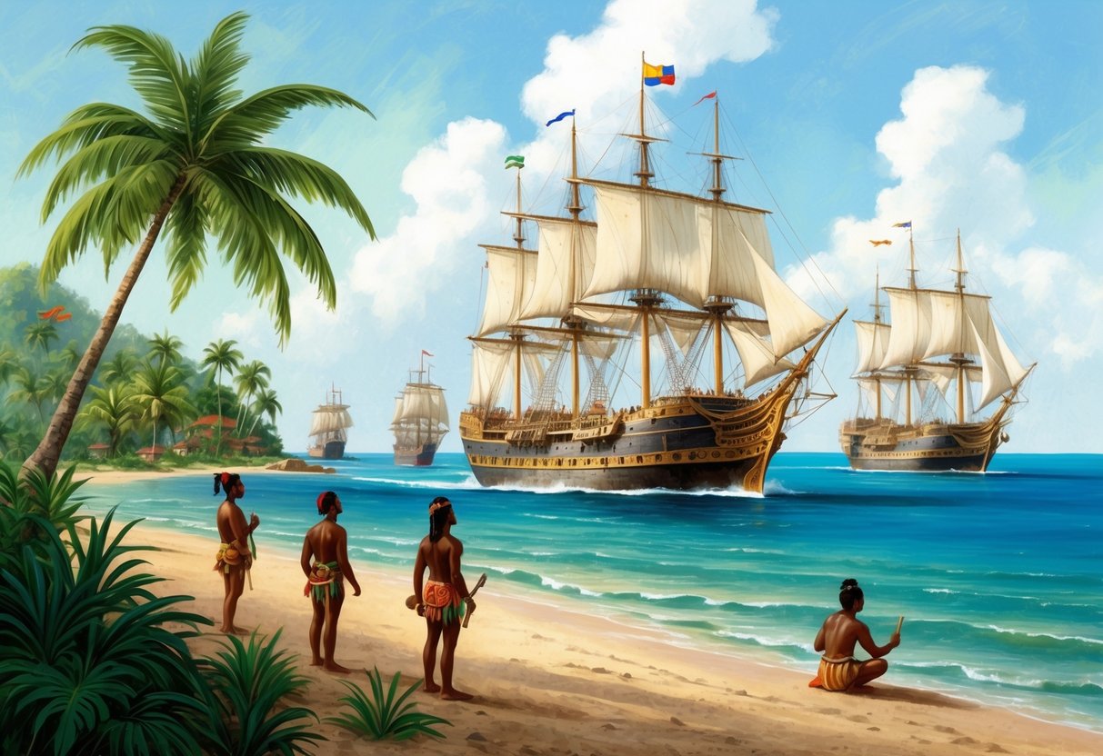 European ships arriving at a Caribbean island, Taino Indians watching from the shore, palm trees and lush vegetation in the background