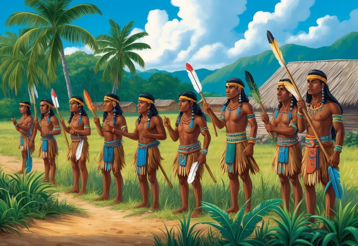 Taino Indians peacefully resisting outside their village, forming strong relationships with each other and their land