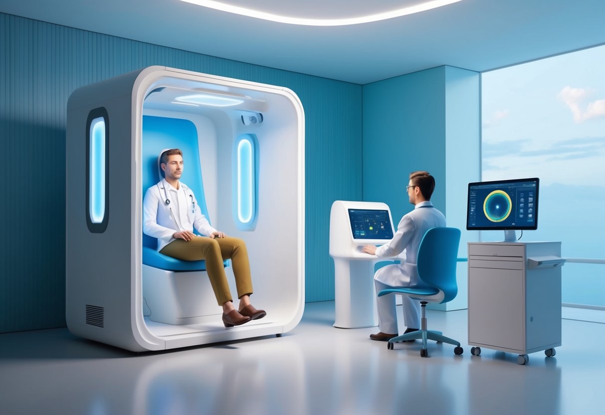 A serene, futuristic clinic with advanced medical equipment and a calm atmosphere.</p><p>A patient sits in a soundproof booth undergoing a tinnitus treatment, while a doctor monitors the progress on a computer screen